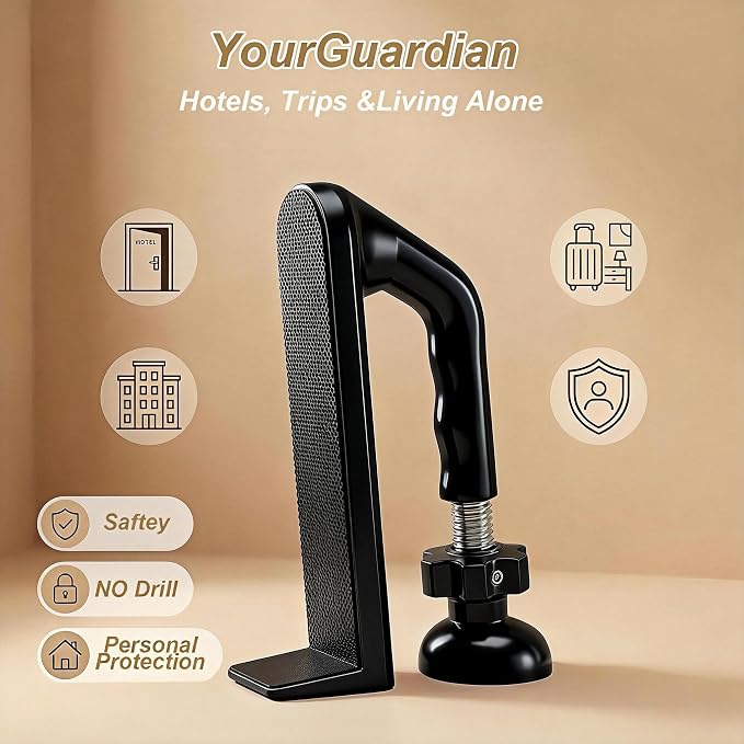 Portable Door Lock Travel Security, Black Anti-Theft Stopper | 202g lightweight, fits inward-swinging doors, tool-free install, aluminum, for hotels, Airbnbs, dorms, apartments - Image 2