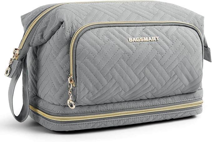 BAGSMART Travel Makeup Bag, Cosmetic Bag Make Up Organizer Case, Large Wide-open Pouch for Women Double Layers Purse for Toiletries Accessories Brushes Greey by BAGSMART