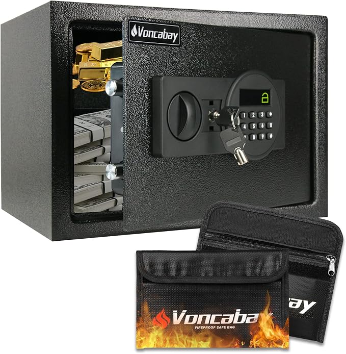 Voncabay Money Safe Box for Home with Digital Keypad, 0.8 Cu. Ft., Black | Alloy Steel, 2 Fireproof Bags, Digital Keypad with Display, Removable Shelf, Fits A4, 13.8 x 9.85 x 9.85 In. by Voncabay