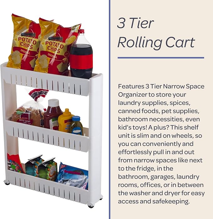 Lavish Home 3 Tier Shelf Rolling Cart, White, 19.5” x 5” x 28” - Image 5