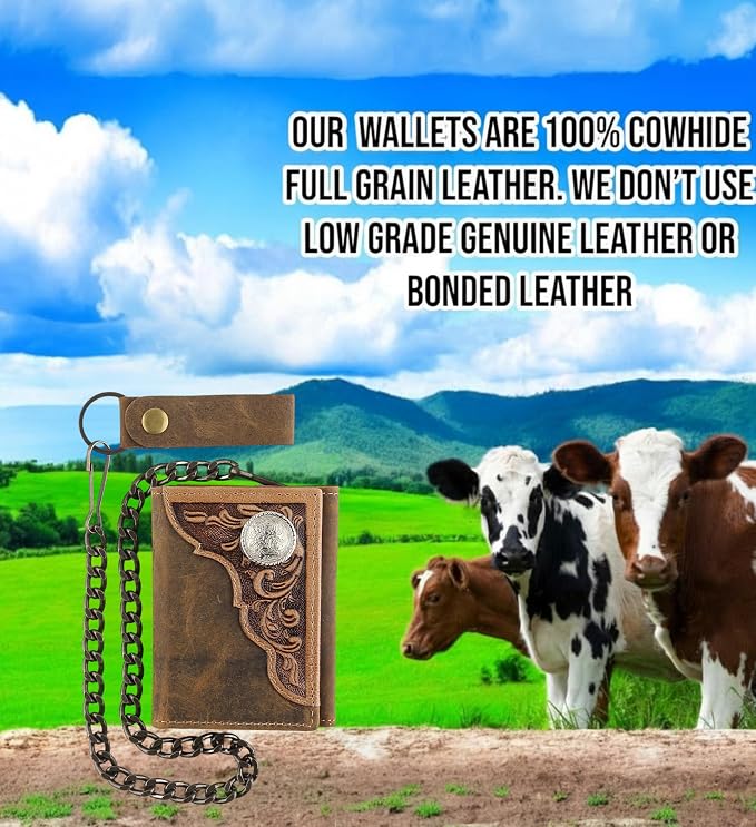 F&L CLASSIC RFID Blocking Men's Tri-fold Vintage Biker Cowhide Leather Steel Chain Wallet,Snap closure, brown, western style,315-82 - Image 6