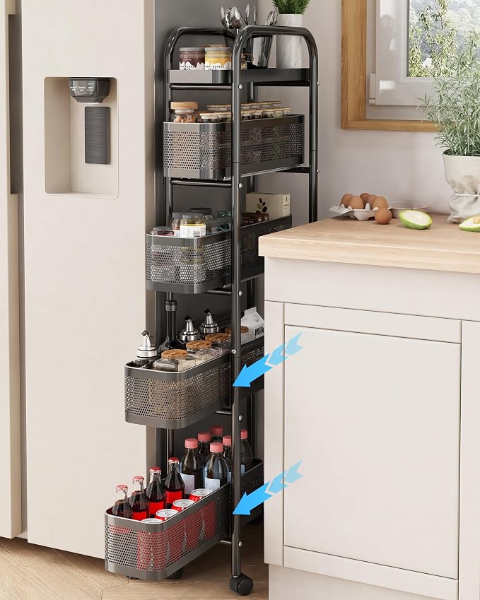UMDONX 5-Tier Narrow Mobile Storage Cart with Pull-Out Baskets | The Multifunctional Pull-out Storage Rack Is Suitable for Bathrooms, Kitchens, and Laundry Rooms by UMDONXBuyNow