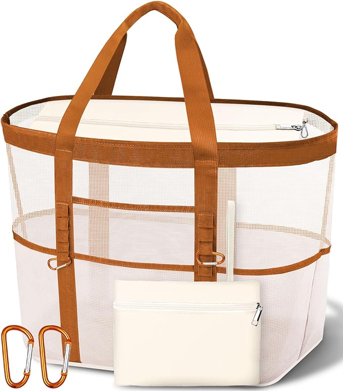 Chic Cruise Essentials Beach Bag for Women, Large Zip Top Tote, 11 Pockets | 40L+ Spacious;Mesh × Canvas;Zipper Pouch;Secure Zip-Top;Sand-Resistant Base by Yeendibo