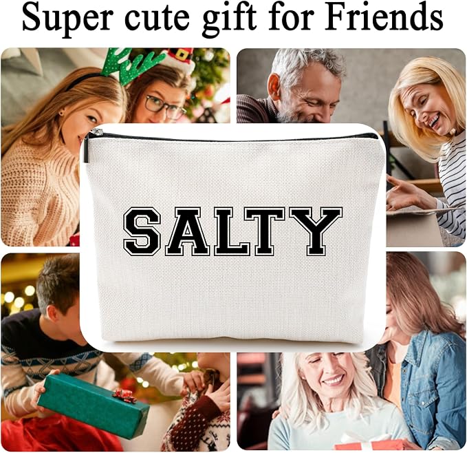 Funny Makeup Bag for Women - "SALTY" Sassy Cosmetic Pouch - Preppy Varsity Letter Style Travel Toiletry Organizer - Cute Beige Canvas Zipper Clutch for Beach Vacation, College Dorm & Best Friend Gift - Image 3