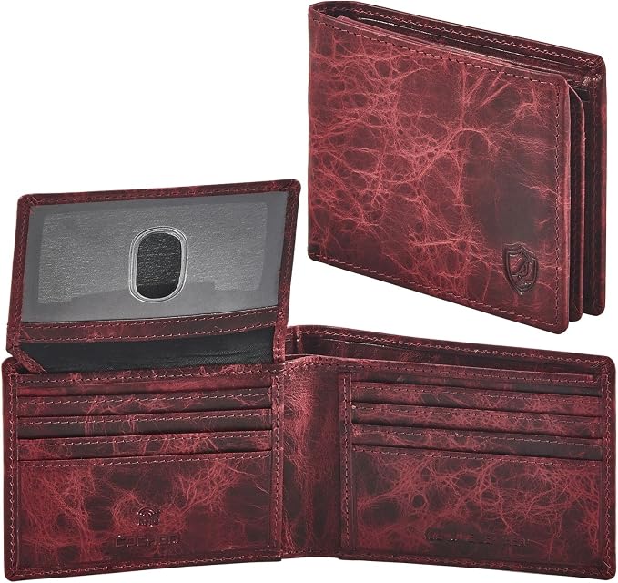 Wallet for Men Slim RFID Blocking Genuine Leather Bifold with 2 ID Windows | Minimalist, Stylish, Gift Box, Carteras Para Hombres, Billfold, Credit Card, Currency Compartment (DISTRESSED, WINE) by Cochoa