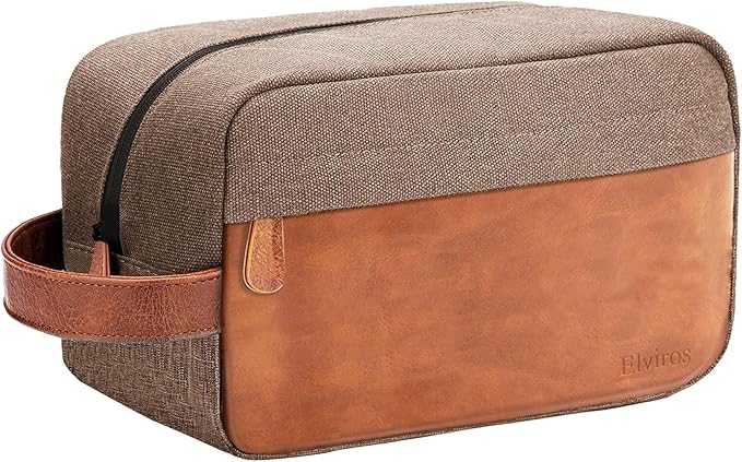 Elviros Travel Toiletry Bag for Men, Hanging Toiletries Bag Water Repellent Dopp Kit PU Leather Travel Bag for Toiletries Accessories, Khaki by Elviros