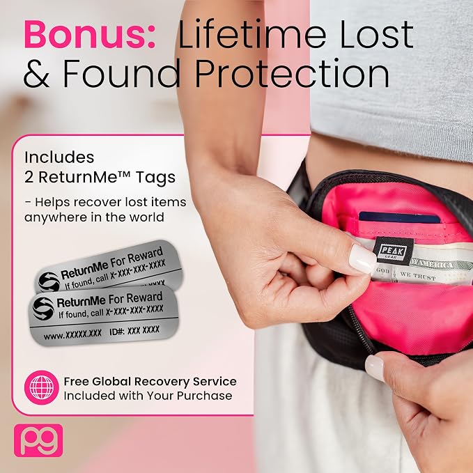 Peak Gear Women’s Money Belt - Hidden Travel Waist Pouch for Women | RFID Blocking, Slim Under-Clothes Passport Holder with PeakCharm Jewelry Pocket + 2 ReturnMe™ Recovery Tags - Image 5