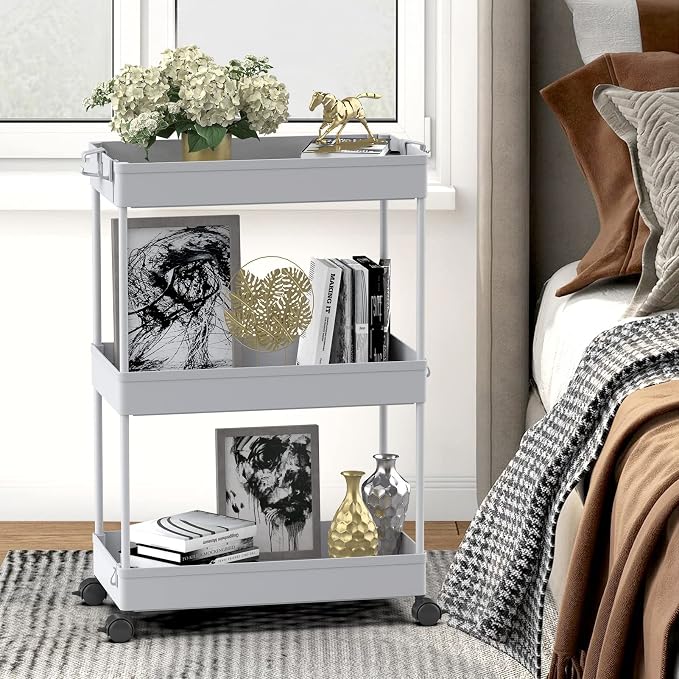 3 Tier Rolling Cart with Wheels, Storage Craft Art Trolley Organizer Serving, 3 Hanging Baskets Easy Assembly, for Office, Living Room, Kitchen, Gray - Image 7