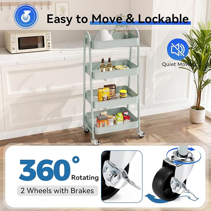 OLIXIS Metal 4 Tiers Rolling Storage Utility Cart with Lockable Wheels | Mobile Organizer Shelf, Space-Saving, Freestanding, Bathroom, Living Room, Slim, Narrow Corner Spaces, Green - Image 3