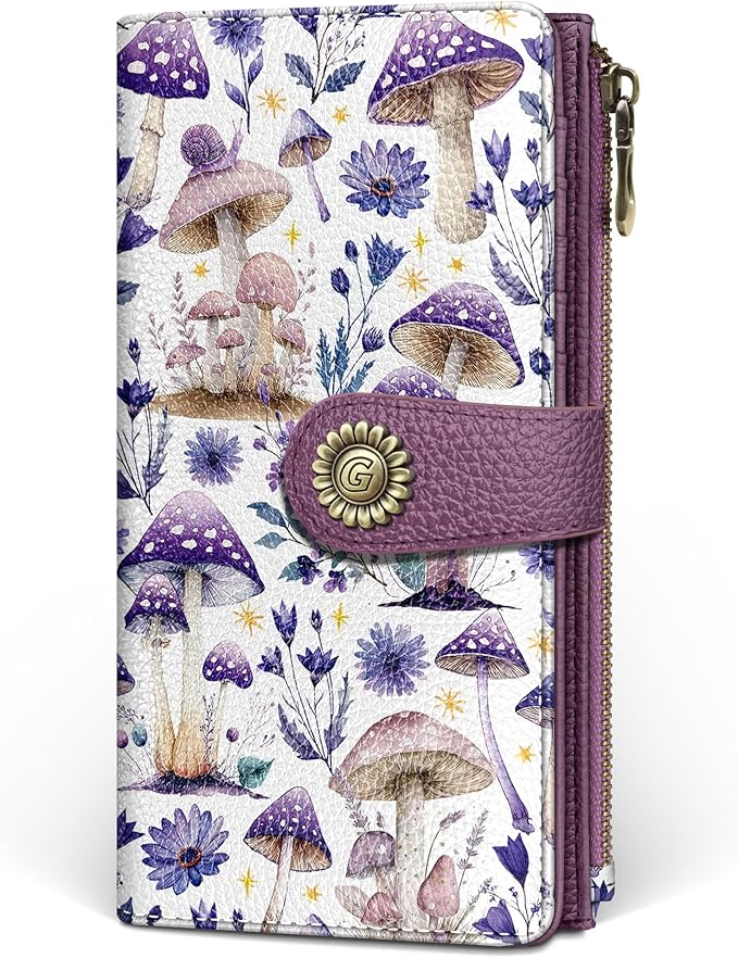 GIANCOMICS Mushroom Womens Wallet RFID Blocking, Credit Card Holder Bifold | Billfold, Cute Cash Purse, Travel Zipper Coin Pocket, Compact Clutch, PU Leather, ID Window, 11 Card Slots, Ladies Gift Woman by Giancomics