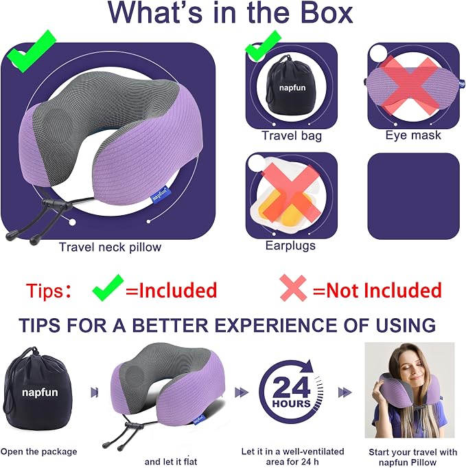 napfun Neck Pillow for Travel, Memory Foam Airplane Pillow, Light Purple | 360° Neck Support, Upgraded 100% Memory Foam for Airplane, Car, Train, Bus, Office Sleep, Travel Essentials for Long Flights - Image 5