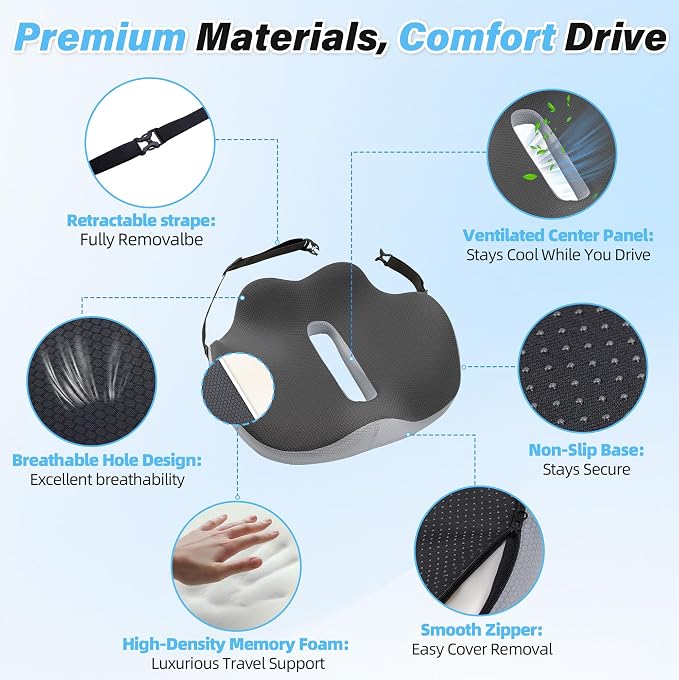 VUSIGN X-Large Seat Cushion for Truck & Car Drivers, Memory Foam Seat Cushion for Long Driving, Sciatica & Tailbone Pain Relief, Ergonomic Back Support Cushion with Non-Slip Bottom & Washable Cover - Image 2