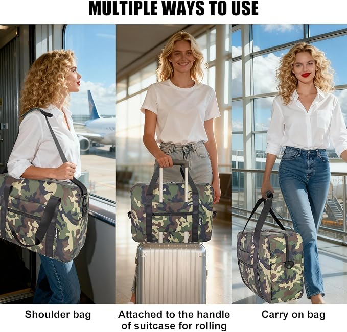 Duffle Bag for Travel Foldable Personal Item Travel Bag, 40L, Green Camo | Carry On Duffel Bag Women Men Frontier Airlines Personal Item Bag Hospital Weekend Overnight Trips - Image 5