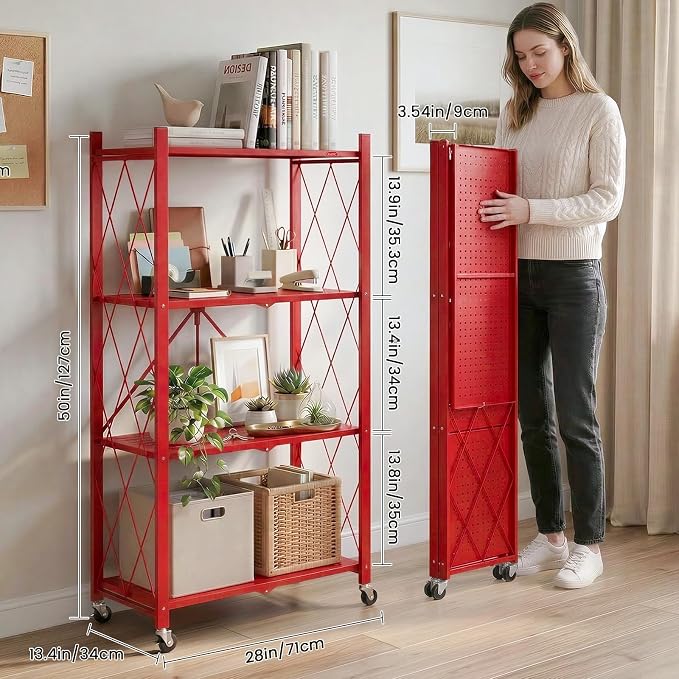 DEANIC 4 Tier Foldable Storage Shelves with Wheels, Large Capacity Shelving Unit, Freestanding Metal Wire Shelf Rack, No Assembly Organizer Rack for Garage Kitchen, Basement, Pantry(Red Pack of 2) - Image 2