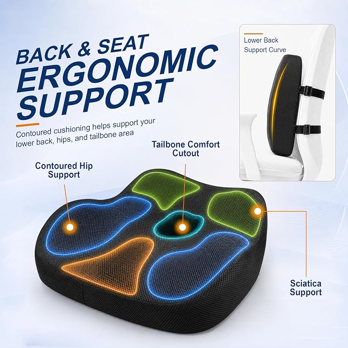 Allaboutsla Car Seat Cushion and Lumbar Back Support Pillow Set for Driving | Memory Foam Car Seat Cushions, Back Support for Car, Car Cushion for Height, Pressure Relief for Trucks, Office Chairs, Black - Image 4