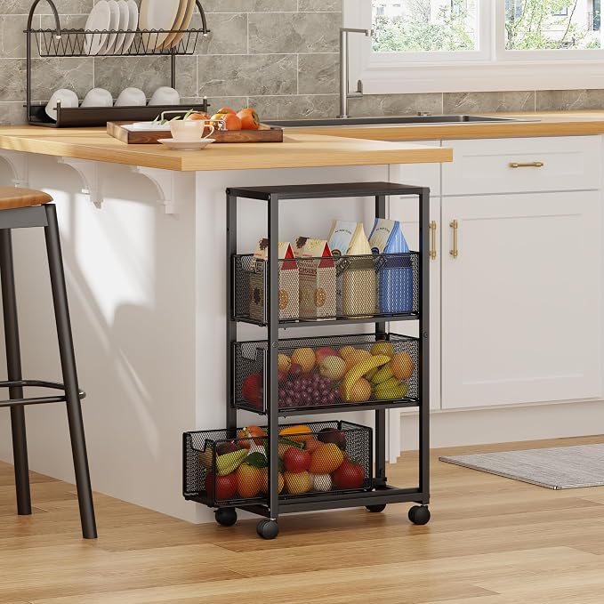 4 Tier Narrow Kitchen Rolling Cart, 9.1" Wide Slim Kitchen Storage Cart with Pull-Out Baskets, Adjust Pantry Organizer and Storage Cart with Wheels, Multifunctional Fruit Vegetable Spice Storage Cart - Image 9