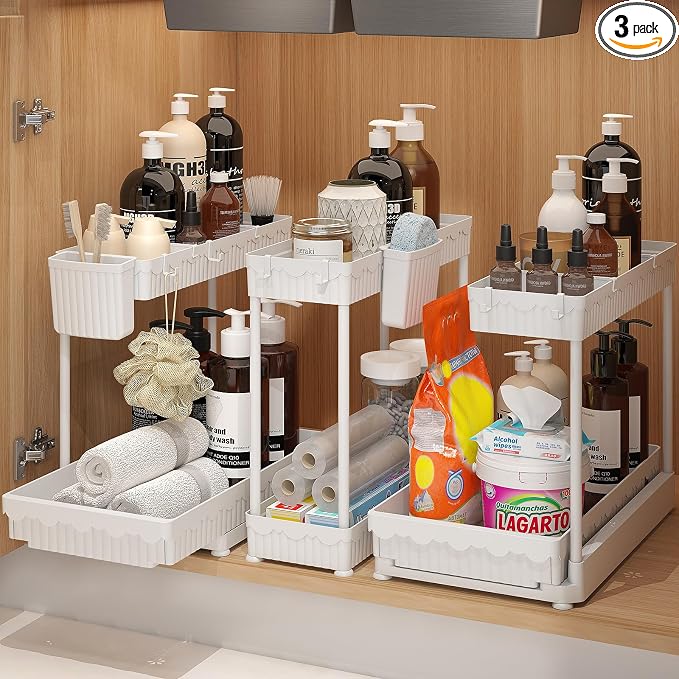 3-Pack 2-Tier L-Shaped Under Sink Organizers with Sliding Drawers | Multi-use kitchen & bathroom storage, 14.85 inch white cabinet organizer, space-saving sliding drawer design. by Sevenblue