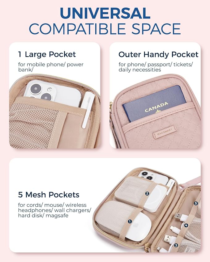 BAGSMART Cord Organizer Travel Cable Organizer Bag Tech Electronic Organizer Travel Case, Travel Essentials for Charger, Cable, Phone, Flash drive, Single Layer - Pink | Travel Essentials, Tech Organizer Pouch, Cord organizer bag for Cables, Compact Tr... - Image 4