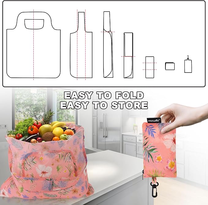 HOLYLUCK Reusable Grocery Bags,Heavy Duty Foldable Shopping Tote Bag (Standard, Pink floral) - Image 5