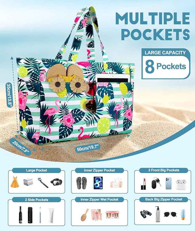 ISEYOU Extra Large Beach Bag Waterproof Beach Totes Bags for Women, Lightweight Foldable Pool Bag with Zipper Wet Compartment - Image 2