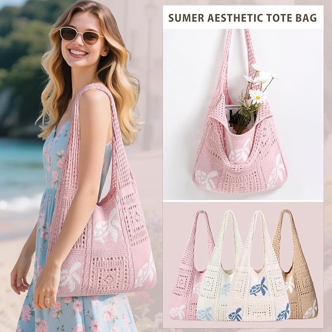 Sightor Crochet Tote Bag, Mesh Beach Bag Knit Summer Hobo Bag for Women | Beach Tote bag Vacation Outfits Aesthetic Boho Bag - Image 5