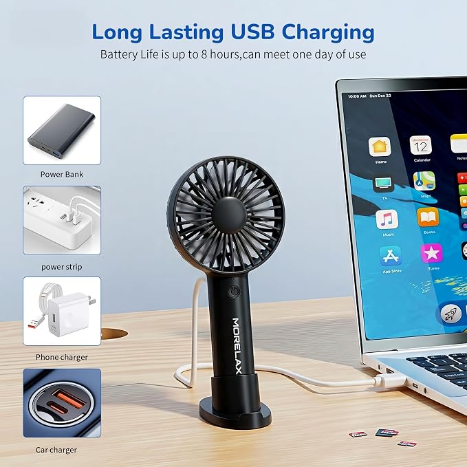 Jancane Handheld Fan, USB Rechargeable Mini Portable Fan with Base, 10H Battery, Strong Wind, Small & Powerful, Cute Design for Travel, Makeup, Girls Women Summer Gift (Greyblack) - Image 3