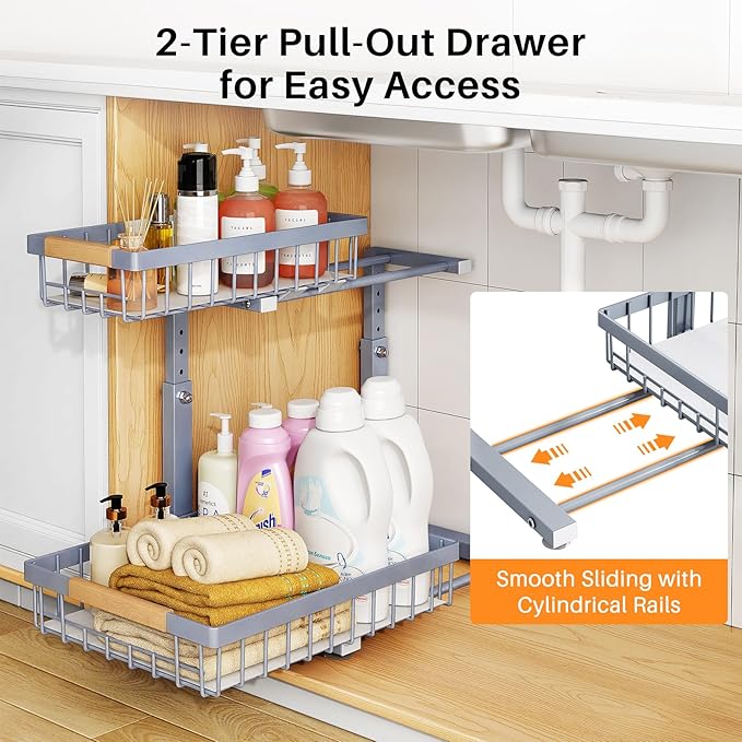 PXRACK Under Sink Organizer, Adjustable Height, 2 Tier Pull Out Under Cabinet Organizer, Slide Out Thickened Metal Under Sink Storage for Kitchen Bathroom Laundry Pantry Cabinet, Grey, Large-1-Pack - Image 3