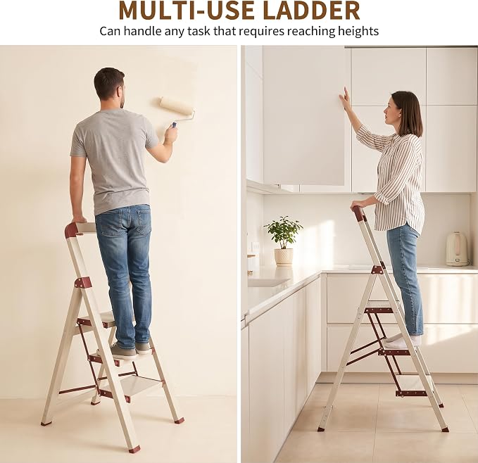 Step Ladder 3-Step White Finish Aluminum Iron Folding Ladders | Anti-slip Sturdy Foldable Ladder Step Stool for Kitchen Home Office Libaray - Image 6
