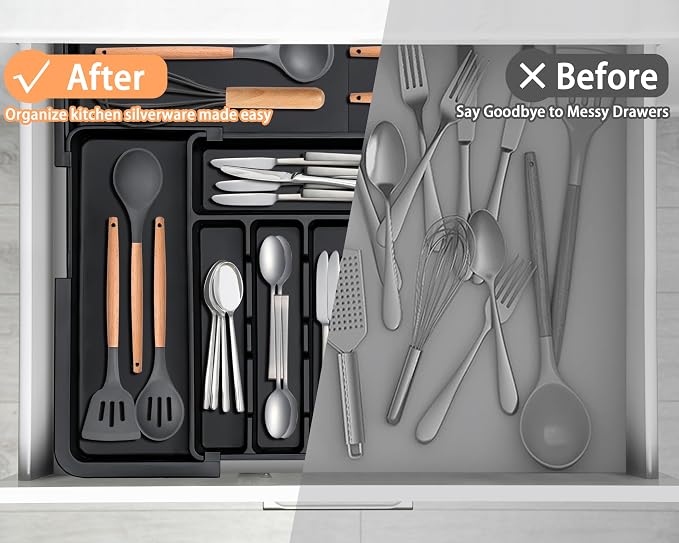 Silverware Organizer Expandable Kitchen Utensil Drawer Organizer Large BPA Free Adjustable Cutlery Silverware Tray for Spoons Forks Knives Storage Divider for Kitchen Flatware 6-9 Slots Black - Image 8