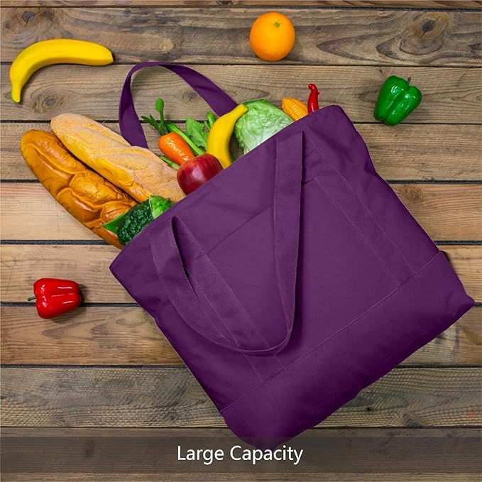 TOPDesign 1-Pack Canvas Tote Bags with an External Pocket, Reusable Grocery Shopping Bags, Top Zipper Closure, Daily Essentials (Purple) - Image 4