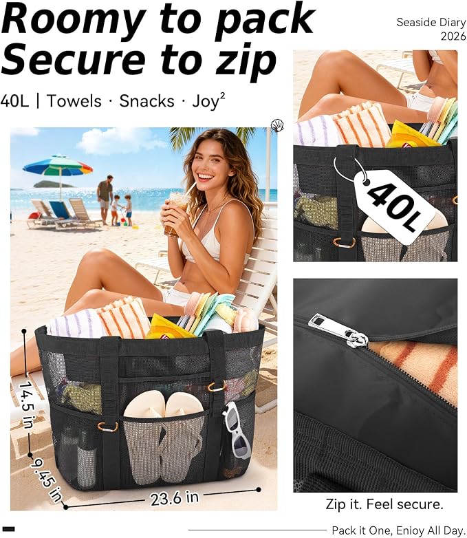 Chic Cruise Essentials Beach Bag for Women, Large Zip Top Tote, 11 Pockets | 40L+ Spacious;Mesh × Canvas;Zipper Pouch;Secure Zip-Top;Sand-Resistant Base - Image 3