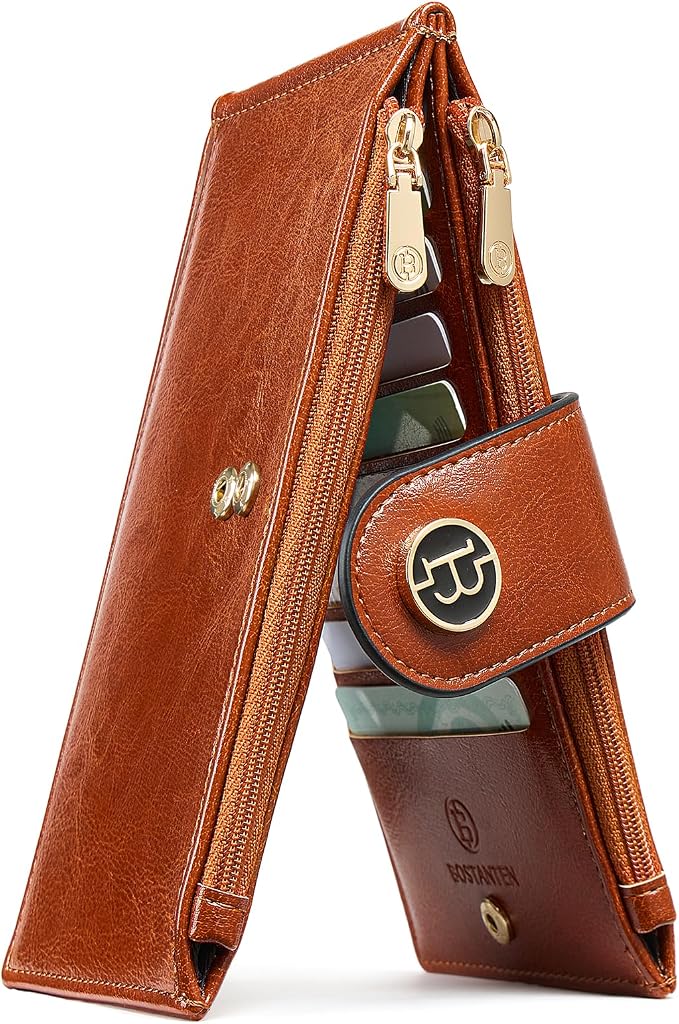 BOSTANTEN Leather Womens Wallet Large RFID Blocking Slim Card Holder | 16 Card Slots, 2 Zipper Pockets, Bifold, Long, Fits Most Purses, Organized Everyday Carry, Ladies Gifts, Brown by BOSTANTEN