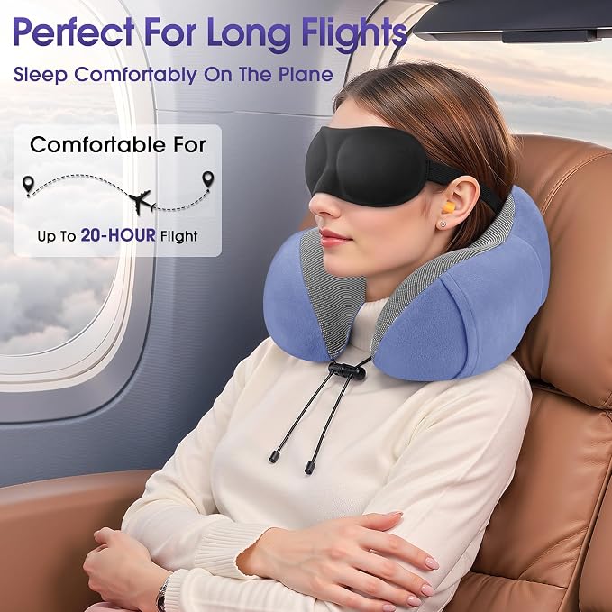 CloudBliss Memory Foam Travel Neck Pillow Airplane, 2 Pack, Black & Blue - Image 4
