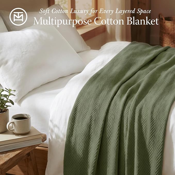 Threadmill Luxury Cotton Blankets for King Size Bed | All-Season Cozy 100% Cotton King Size Blanket | Herringbone Soft Fall Thermal Blanket fits California King Size Bed | Olive - Image 2