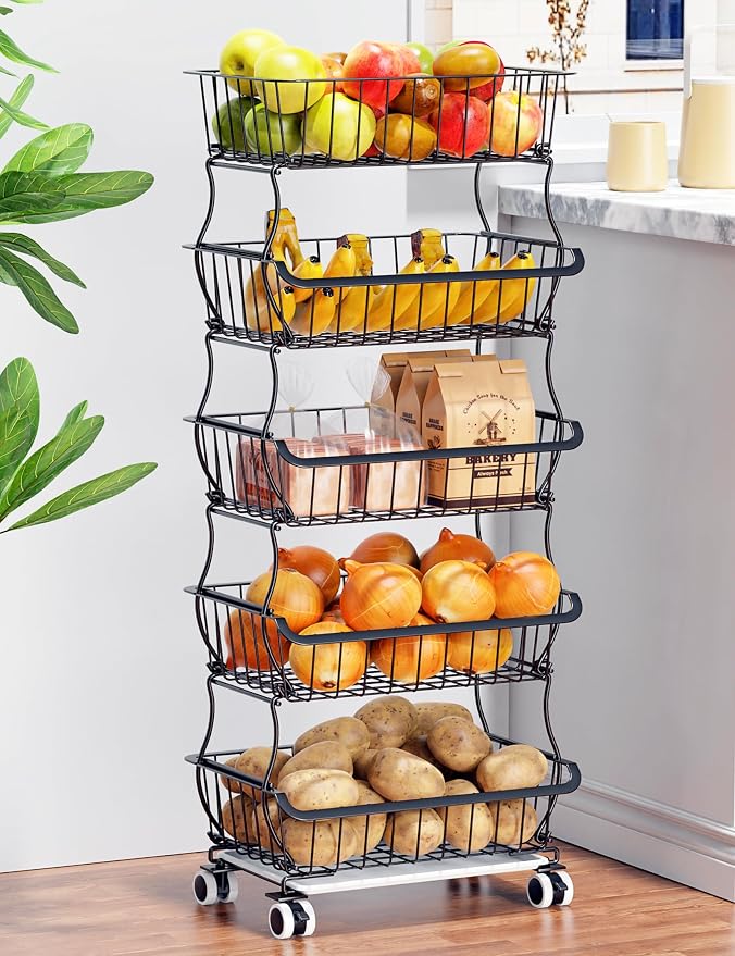 OKZEST 5 Tier Fruit Basket for Kitchen, Stackable Bins Wire Rack with Wheels, Fruit and Vegetable Storage Basket Pantry Food Snack Organizer Shelf, Kitchen Storage Cart for Onion and Potato, Produce | Kitchen pantry organizer rack with dirt catch tray,... - Image 9
