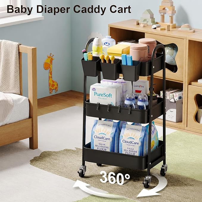 3 Tier Metal Rolling Cart with Lockable Wheels,Black Three Tiered Art Carts | Utility Storage Organizer Caddy on Wheels for Bathroom, Kitchen, Laundry, Garage, Office, Paint,Craft, Baby,Diaper,Snack,Book - Image 4