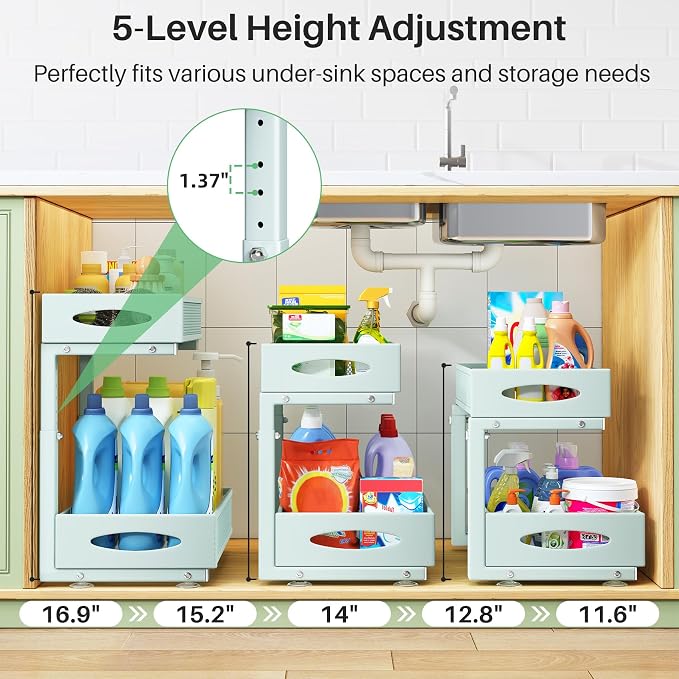 2 Pack Under Sink Organizer, 2 Tier Pull out Cabinet Organizer Mesh Baskets with 5 Adjustable Heights, Sliding Drawers Storage Shelf for Home, Kitchen, Bathroom, Pantry, Office, Countertop ,Blue - Image 4