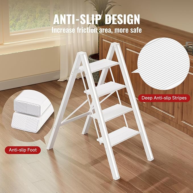 4 Step Ladder, Folding Step Stool with Anti-Slip Wide Pedal | Lightweight, Aluminum Material, 330LBS Load, Portable, Easy Storage, Space Saving, for Kitchen, Bedroom Use, White - Image 4