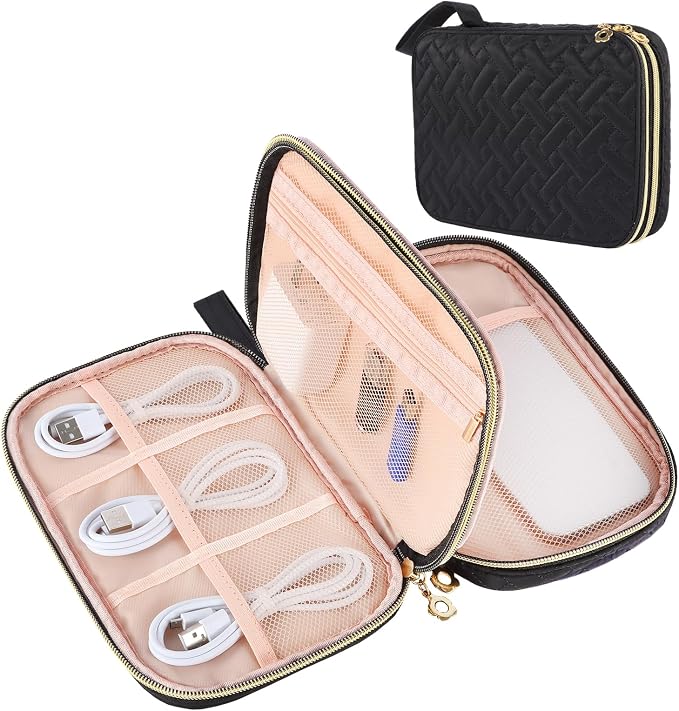 Electronics Organizer Travel Case, Charger Bag Cord Organizer Travel, Compact Tech Pouch Cable Organizer Bag for Charger, Cords, Phone, Headphones, Flash Drive, SD Card(Black, Small-Double Layer) by ZFZGFRCS