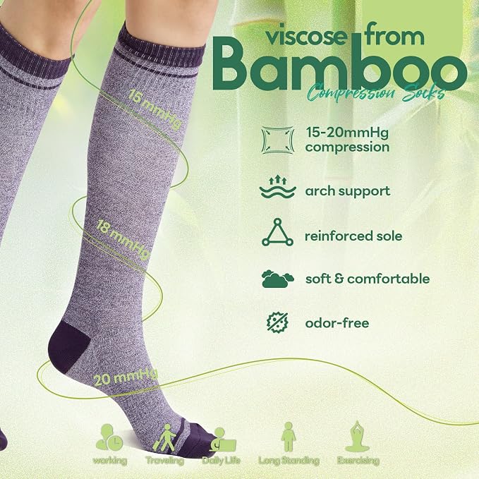 Compression Socks Women & Men, 15-20 mmHg Bamboo Viscose Knee High Soft Support for Flying Travel Daily - Image 5
