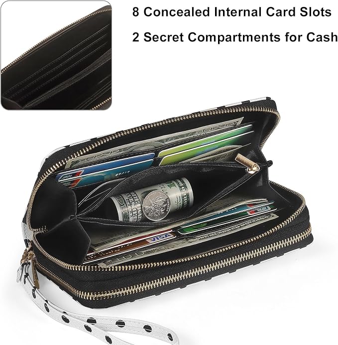 RFID Blocking Cellphone Wallet for Women with Removable Strap, Large Capacity Multi Card Wristlet Purse for Travel, Coin Pocket & Double Zipper, Polka Dot - Image 3