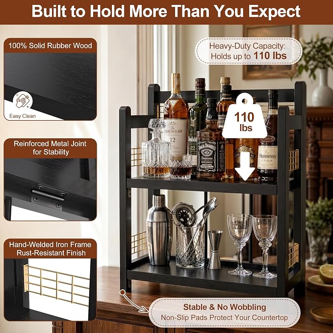 No-Assembly Coffee Bar Organizer, 2-Tier Coffee Station Shelf | Foldable Oak Wood Shelf, Coffee Station Accessories Storage for Syrup & Pods, 3 Hooks for Mugs, Kitchen Spice Rack, Black - Image 6