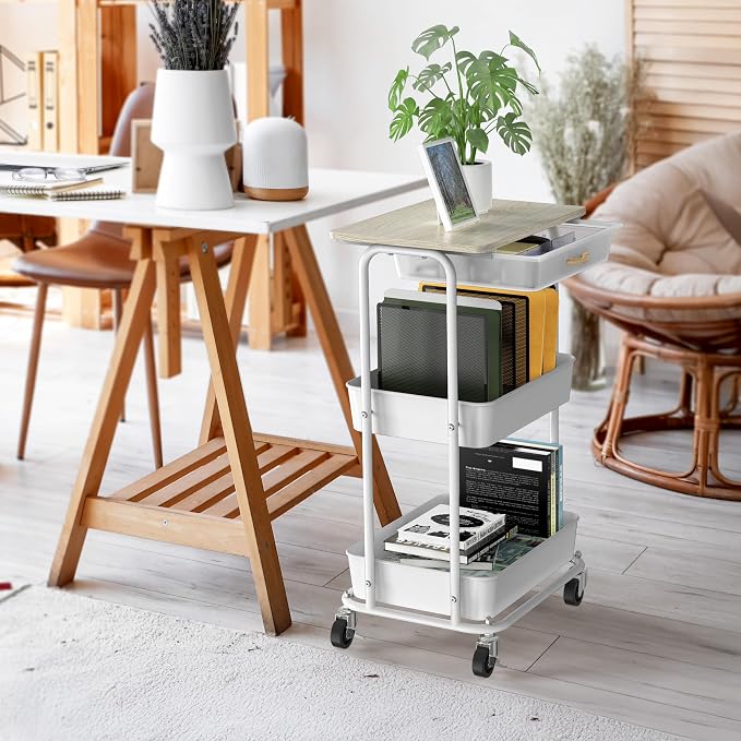 Simple Houseware 3-Tier Rolling Utility Cart with Drawer & Wood Top, Maple | Mobile Sofa Side Table, Nightstand, Slim Storage Organizer Trolley for Bedroom, Bathroom, Office & Art Supplies - Image 2