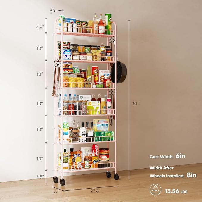 6-Tier Slim Storage Cart, Rolling Kitchen Cart with Wheels | Narrow Metal Shelf Organizer with Hooks for Kitchen, Bathroom, Living Room, Laundry, Small Spaces, Pink, 6 in - Image 2