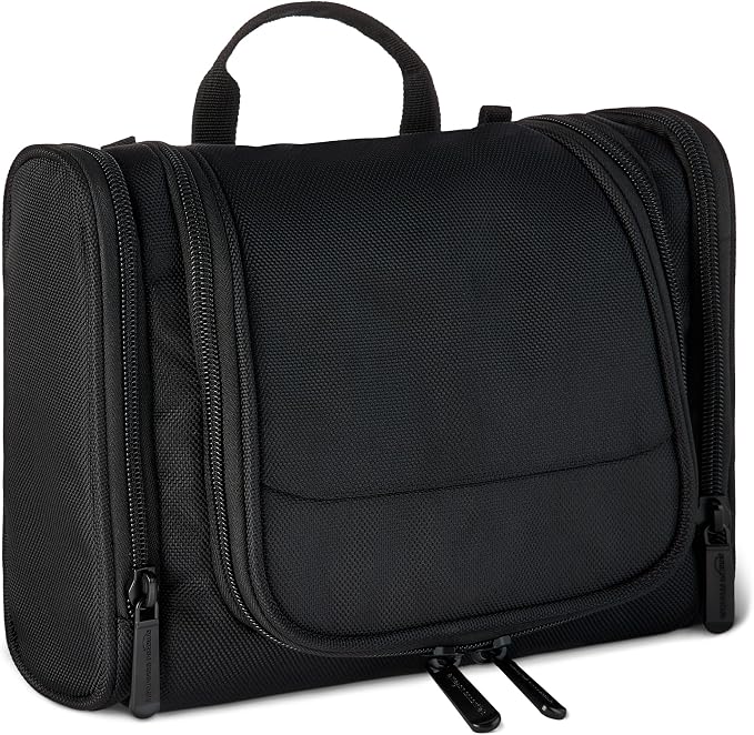 Amazon Essentials Spacious Toiletry Bag, Hanging Cosmetic Dopp Kit with Multiple Compartments, Durable Polyester, Large Capacity Storage, Compact Design, Black (Previously Amazon Basics) by AmazonEssentials