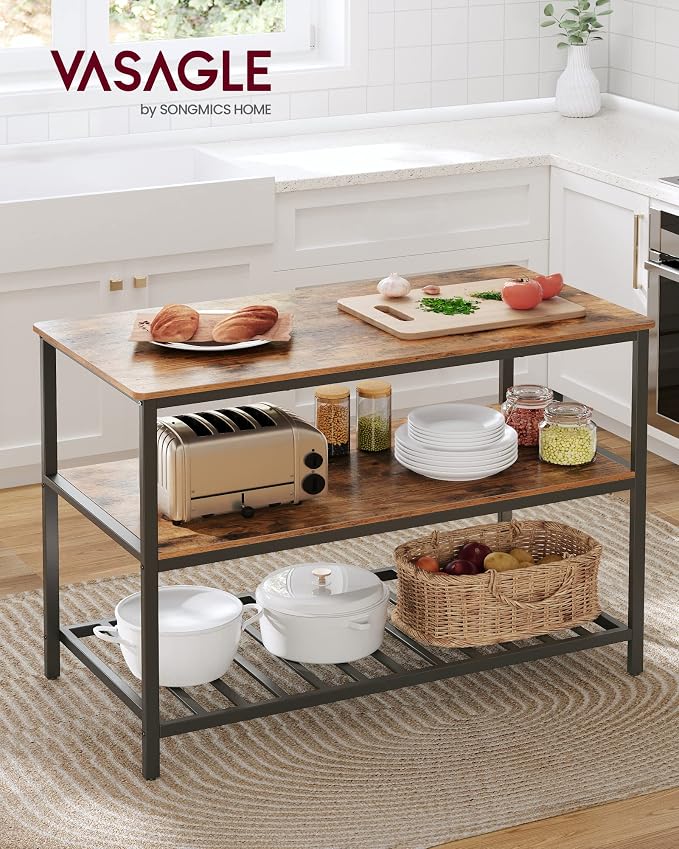 VASAGLE Kitchen Island with 3 Shelves, 47.2 Inches Width Kitchen Shelf with Large Worktop, Stable Steel Structure, Industrial, Easy to Assemble, Rustic Brown and Black UKKI01BX - Image 6
