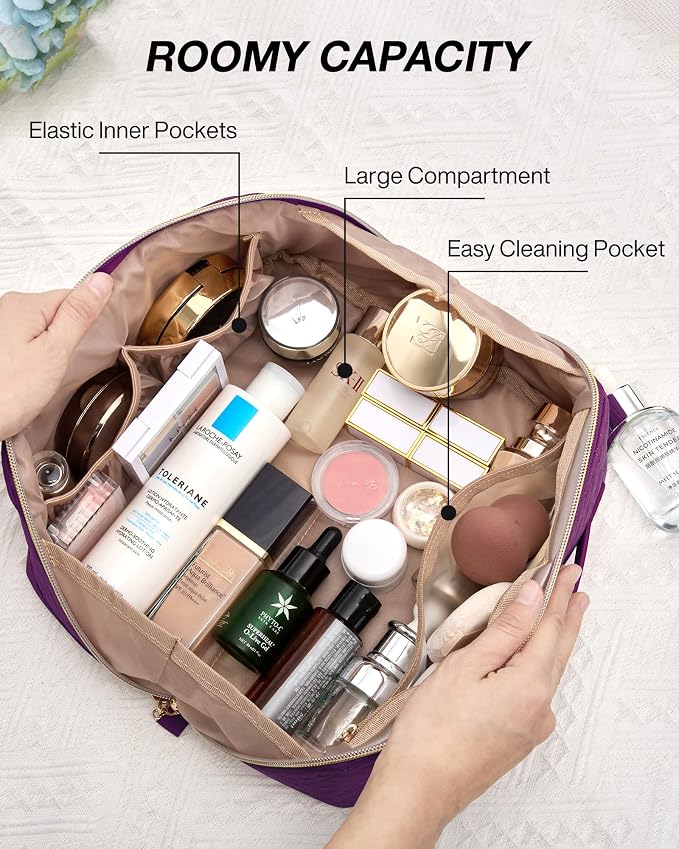 BAGSMART Makeup Bag Cosmetic Bag, Travel Makeup Bag,Water-resistent Makeup Bags for Women Portable Pouch Open Flat Make Up Organizer Bag for Toiletries, Brushes, Purple - Image 3