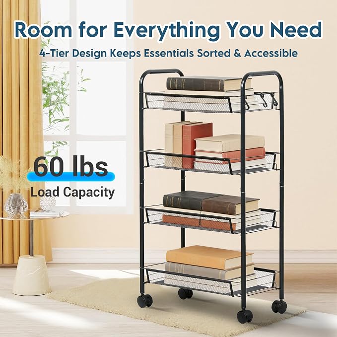 LOFTEY 4 Tier Rolling Cart, Small Metal Utility Cart with Wheels, Black | 10.2" Slim Width, Four Mesh Baskets, 15 lb Load Capacity per Basket, Tool-Free Assembly, Ideal for Bathroom & Snack Storage - Image 3