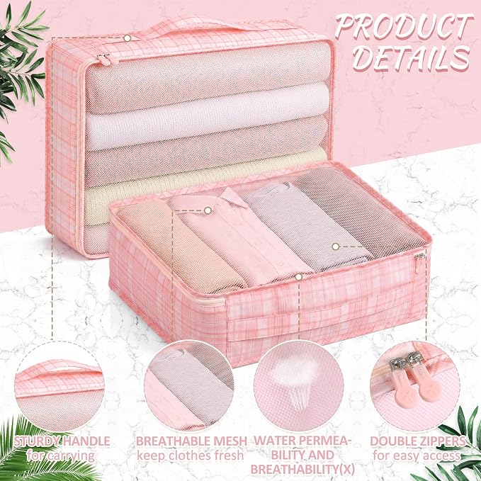 Silkfly 8 Pcs XL Packing Cube for Travel Luggage,Plaid,Pink | 17.7 x 13 x 4.7, Same Size, Pink Plaid Suitcase Storage Organizer Set, Reusable Mesh Clothes Cube for Hiking Camp Family - Image 2