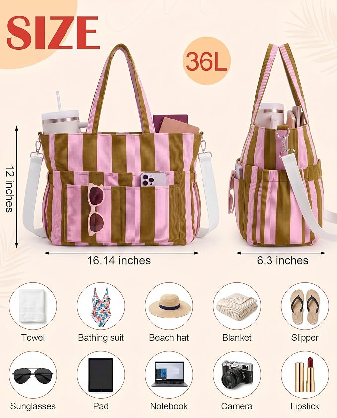 Kacctyen Striped Beach Tote Bag for Women Large Beach Foldable Tote Bag with Zipper Pockets for Travel Pool - Image 3